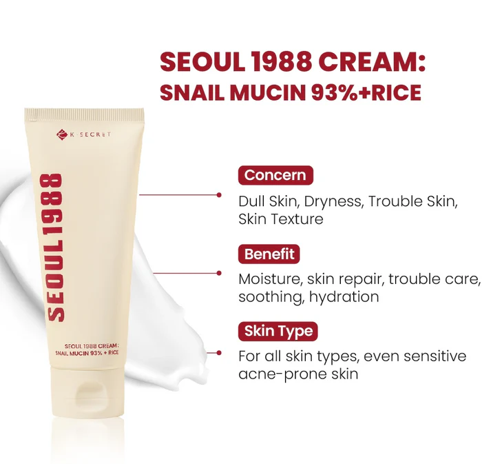 KSecret SEOUL 1988 Cream: Snail Mucin 93% + Rice