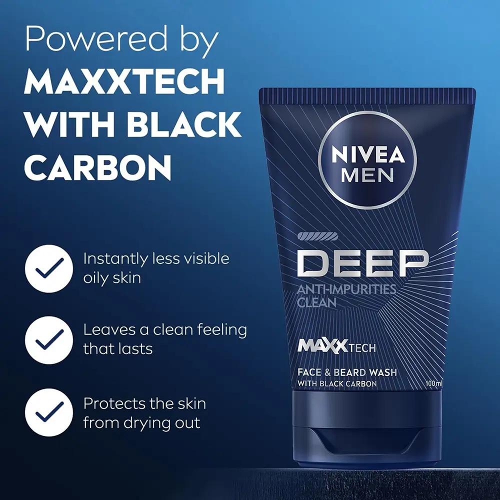 NIVEA Men Deep Anti-Impurities Clean Face & Beard Wash (100ml | Italy)